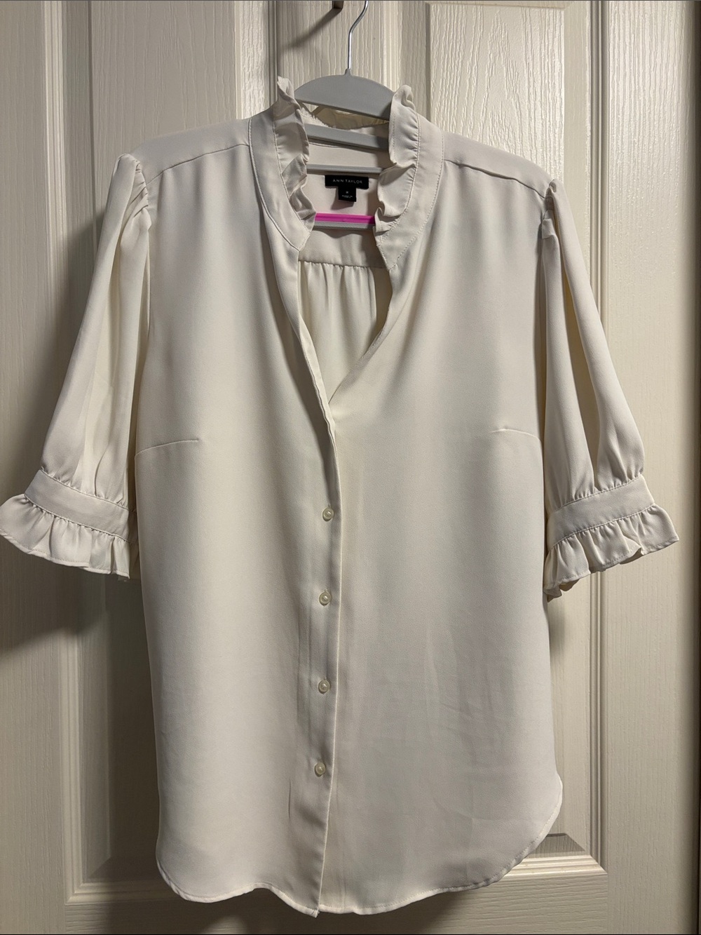 Ann Taylor Cream Ruffle-Trim Button-Front Blouse